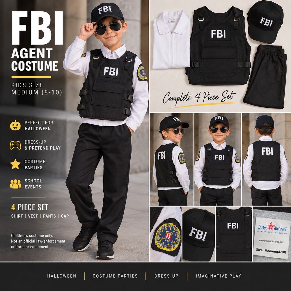 Dress Up America Kids FBI Agent Costume Medium 8-10 4 Piece Halloween Set